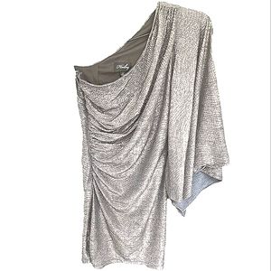 Nwot Hailey by Adrianna Papell Silver Metalic One Shoulder Knit Cocktail…